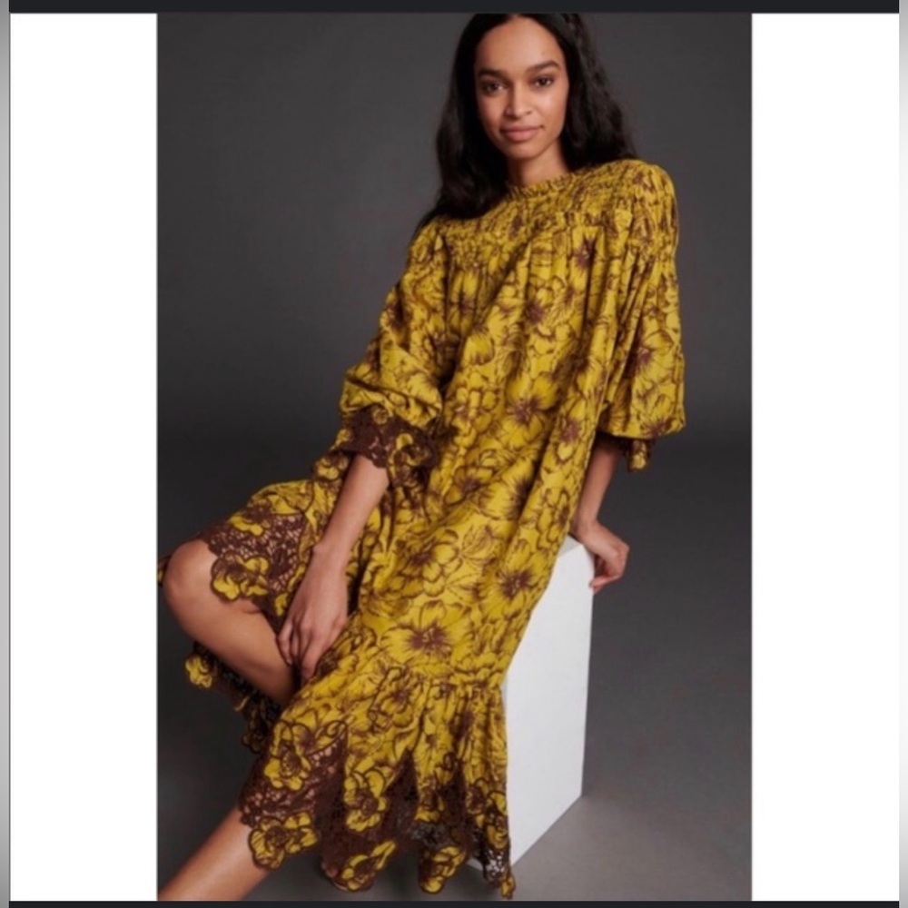 Anthropologie Yellow and Brown Floral Long Sleeve Dress
